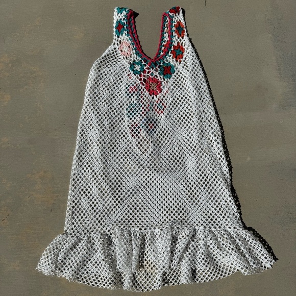 Crochet And Mesh Women’s Bathing Suit Coverup Dress, White And Floral, Size Lg - Picture 1 of 6